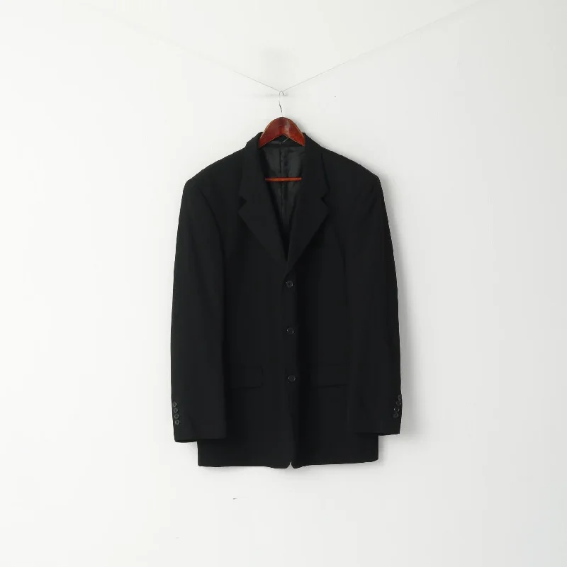 Fellini Men 44 L Blazer Black Wool Mini Check Classic Single Breasted Jacket