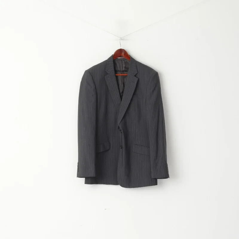 Jaeger Men 40 50 Blazer Graphite Wool Striped Single Breasted Jacket