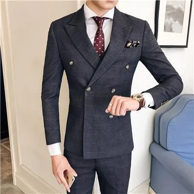 Grey Plaid Men's Suit Double Breast Suit