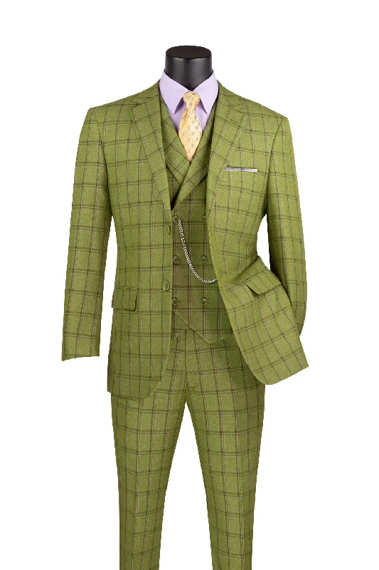 La Scale Collection-Windowpane Three Piece Suit - Moss Green