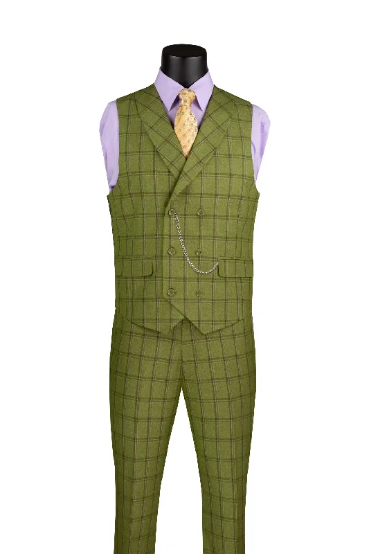 La Scale Collection-Windowpane Three Piece Suit - Moss Green