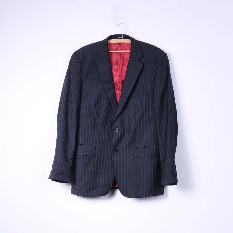 Zara Man 56 46 Blazer Navy Striped Single Breasted Shoulder Pads Wool Top