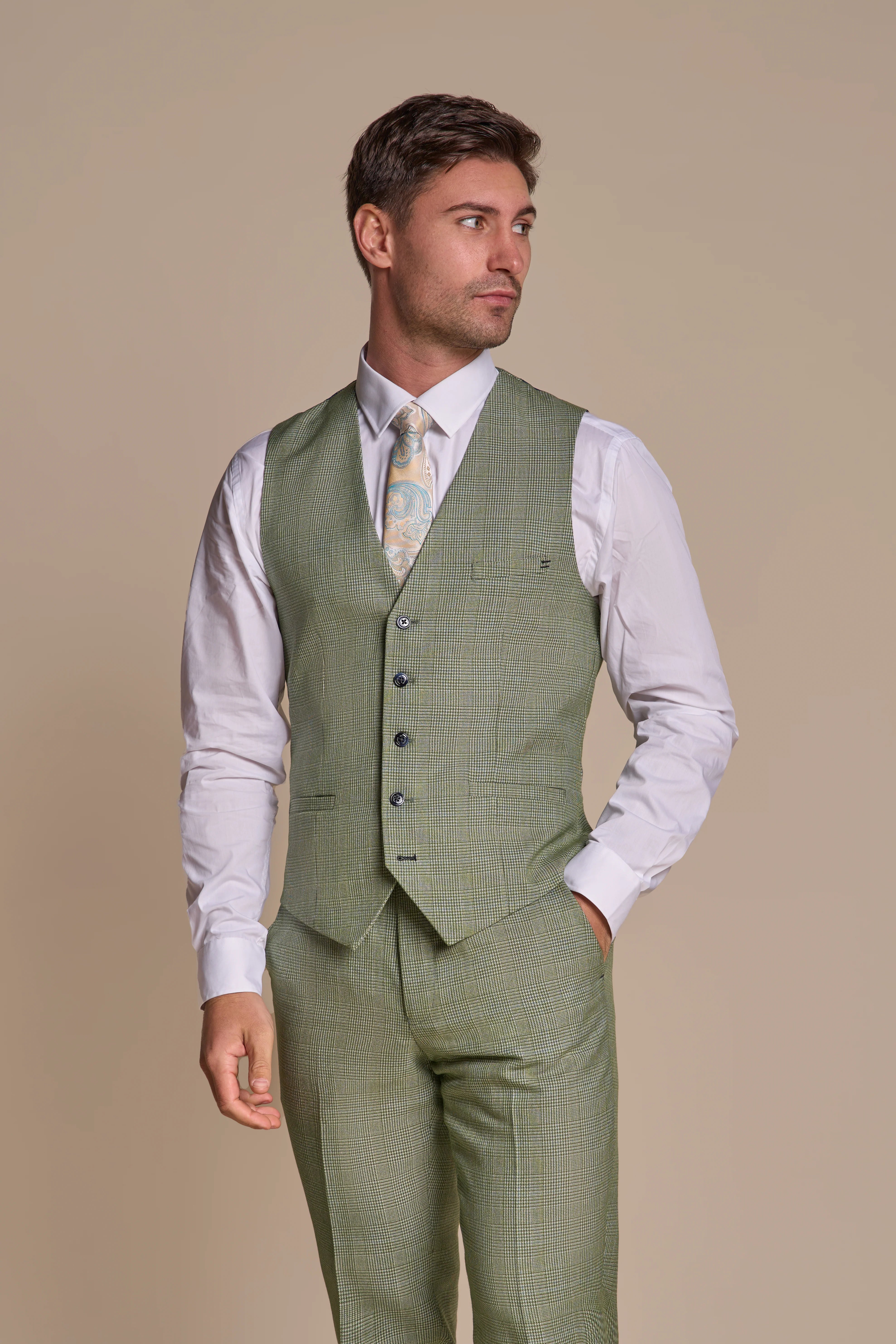 Caridi - Men's Sage Green Checked Waistcoat