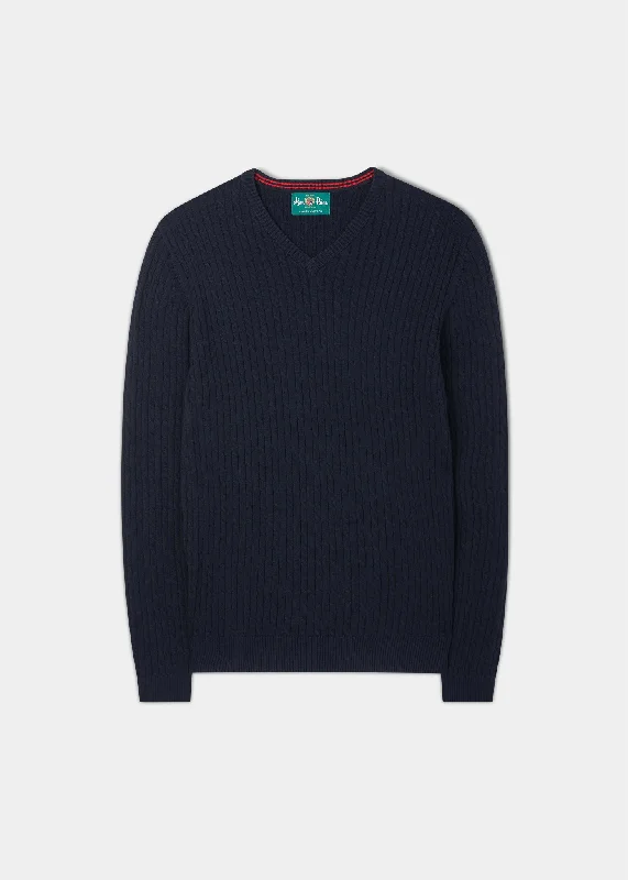 Elmstone Cable Vee Neck Jumper in Dark Navy & Rosso