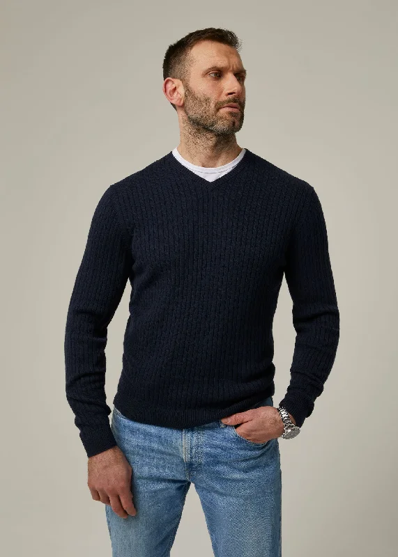 Elmstone Cable Vee Neck Jumper in Dark Navy & Rosso