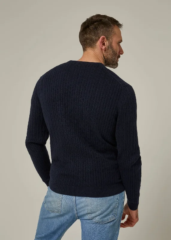 Elmstone Cable Vee Neck Jumper in Dark Navy & Rosso