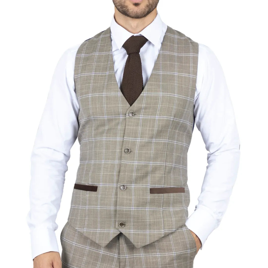 Hode - Men's Brown Checked Tailored Fit Waistcoat