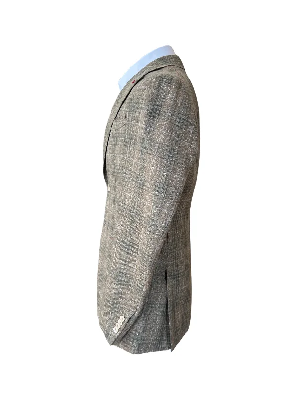 Isaia Mens Beige Blue Wool Linen Plaid Blazer Jacket