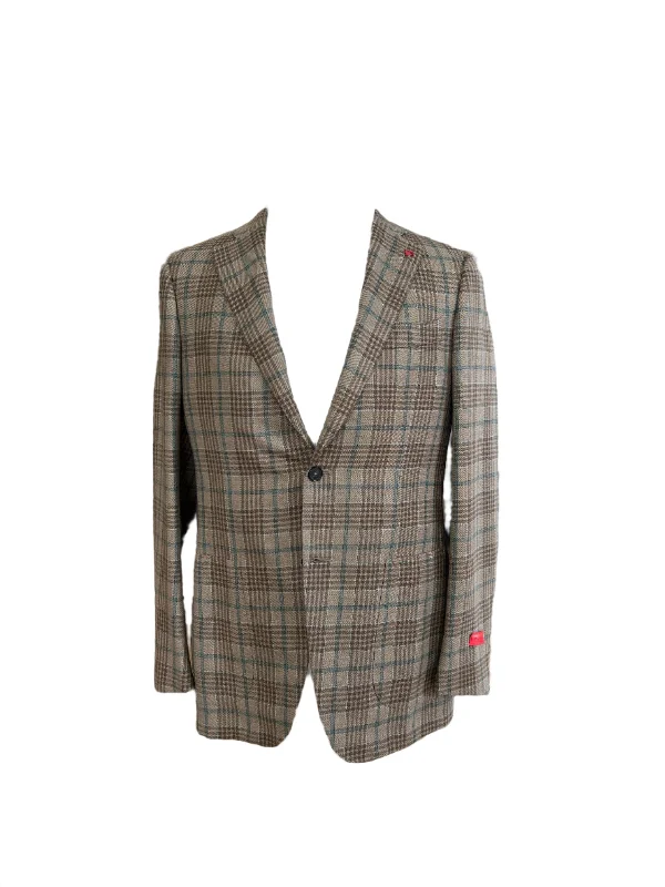 Isaia Mens Brown Blue Plaid Cashmere Silk Blazer Jacket