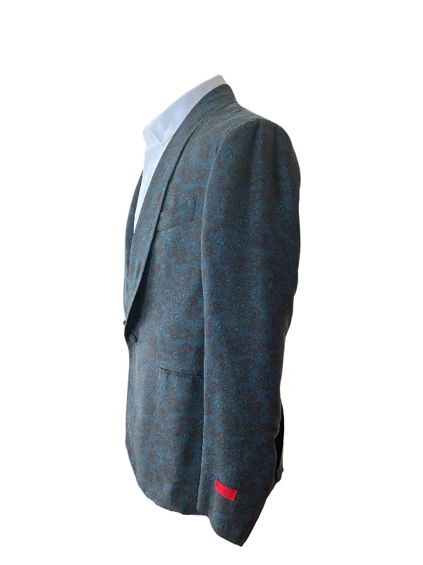 Isaia Mens Green Blue Paisley Print Silk Tuxedo Blazer Jacket