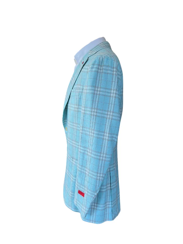 Isaia Mens Mint Blue Plaid Silk Cashmere Wool Blend Blazer Jacket