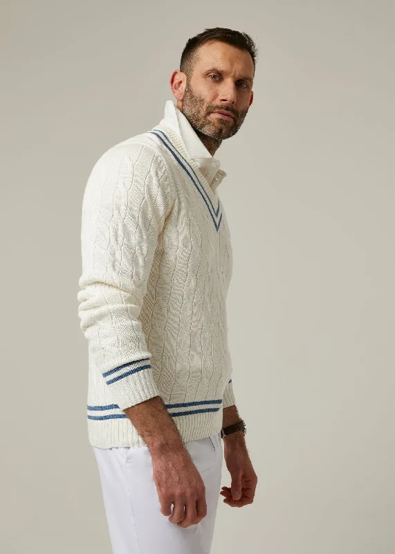 Sandridge Cable Knit Cricket Jumper In Ecru & Airforce