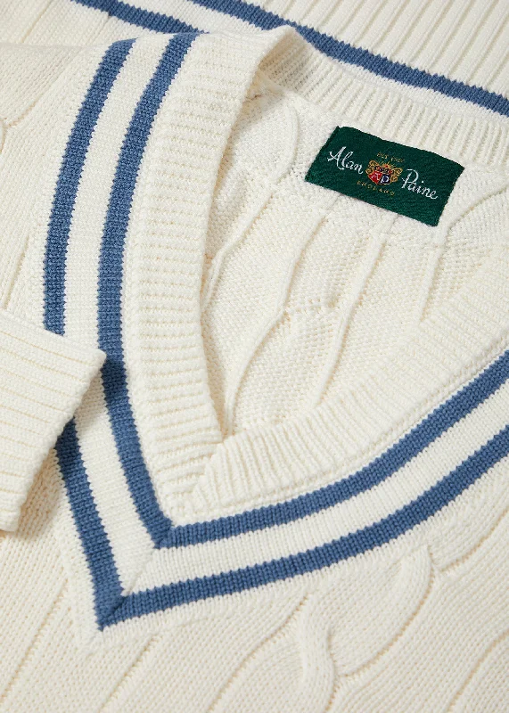 Sandridge Cable Knit Cricket Jumper In Ecru & Airforce