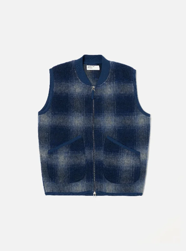 Universal Works Zip Waistcoat in Navy/Grey Fresco Fleece