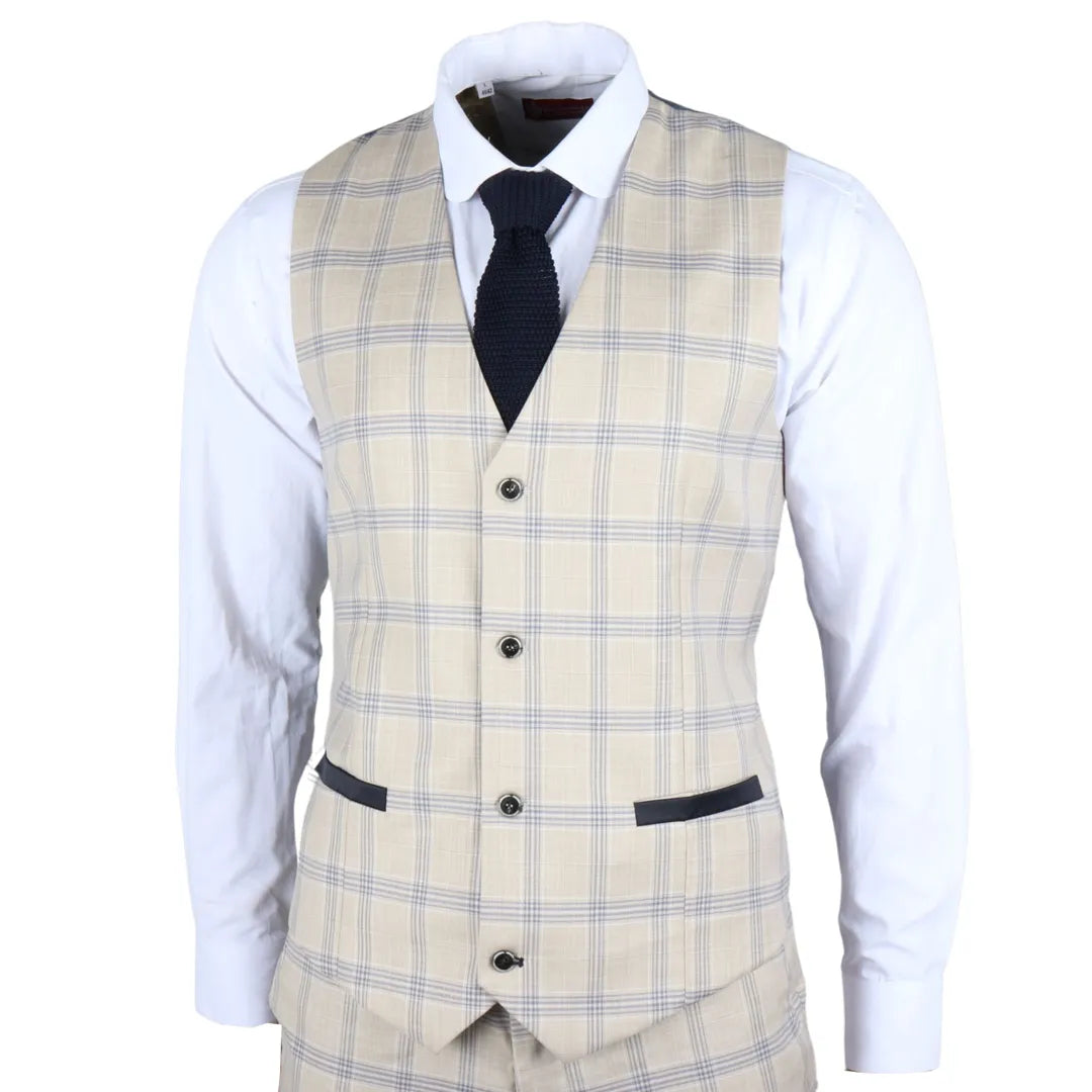 Warwick - Men's Beige Checked Waistcoat