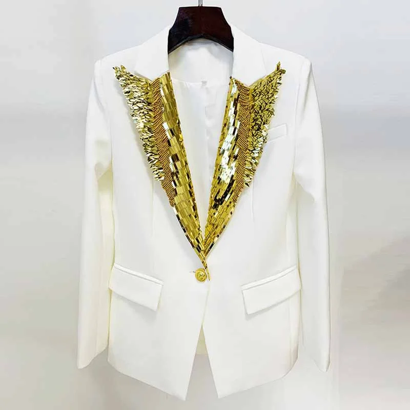 Women's One Button Slim Fit Blazer With Metaled Nails White Wedding Jacket