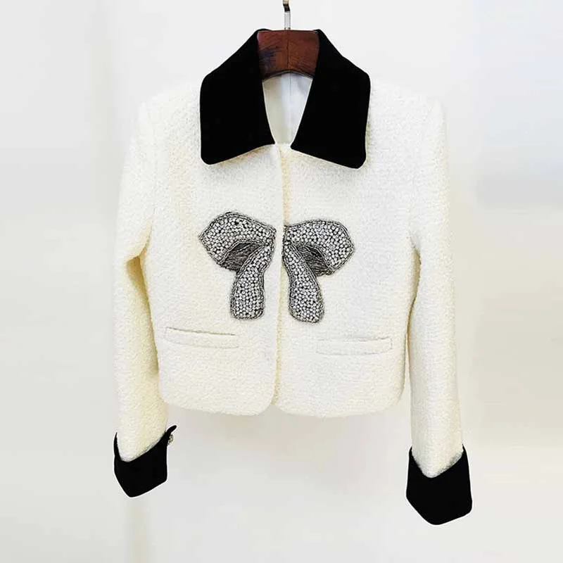 Women's winter coat woolen jacket With Bow knot studded bead short coat