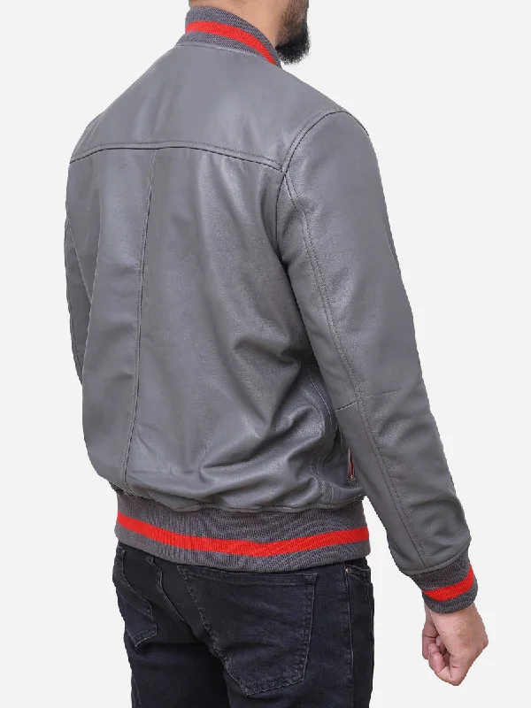 Adam Classic Slim Fit Grey Leather Bomber Jacket