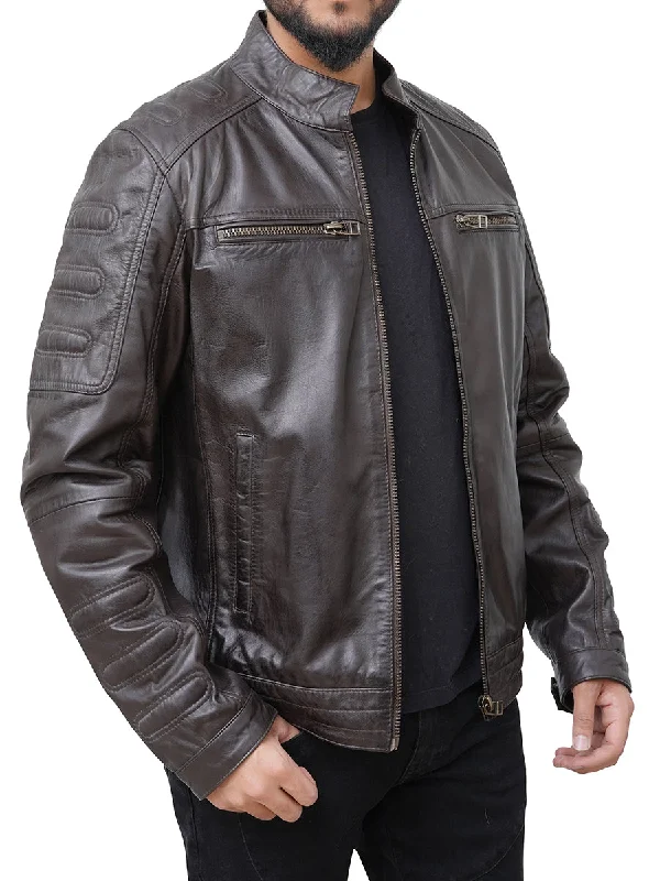 Charles Casual Cafe Racer Brown Leather Jacket