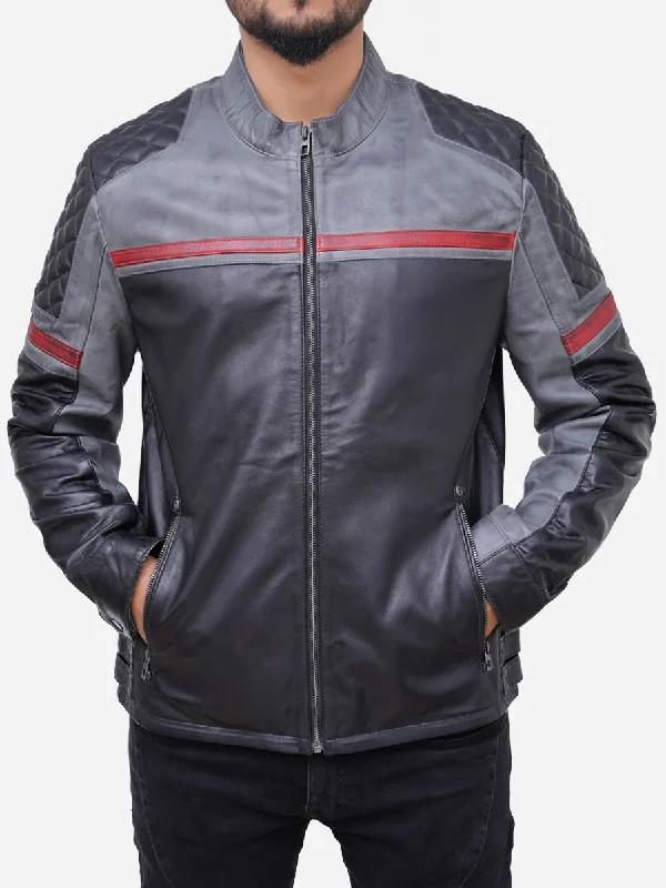 David Grey Leather Retro Style Motorcycle Jacket