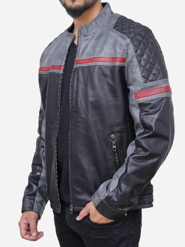 David Grey Leather Retro Style Motorcycle Jacket