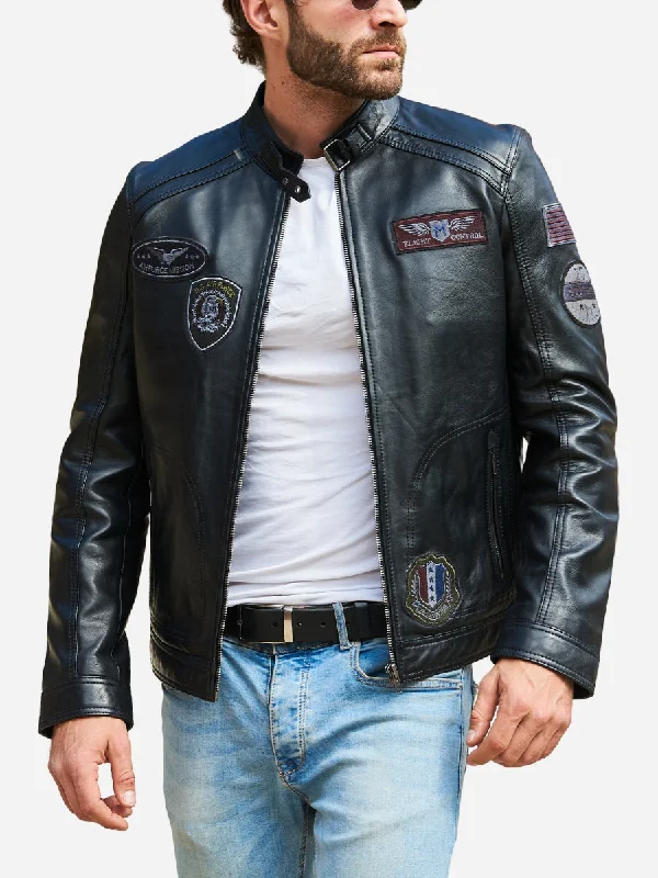 David Patches Black Leather Flight Jacket