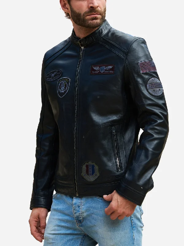 David Patches Black Leather Flight Jacket