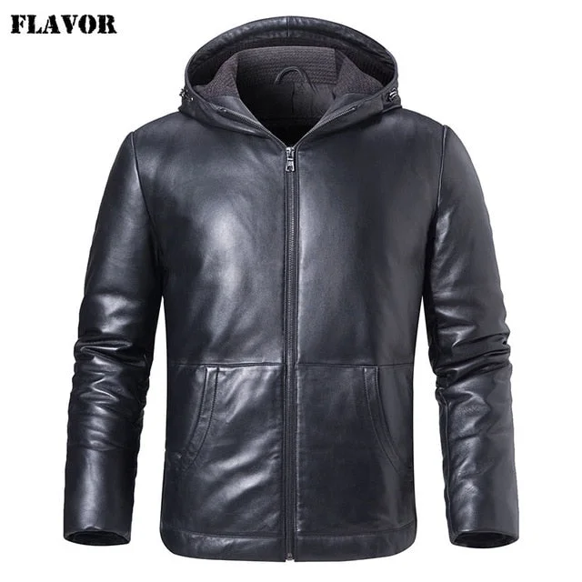 FLAVOR Men's Real Leather Down Jacket Hoodie Men Genuine Lambskin Winter Warm Leather White Duck Down Coat