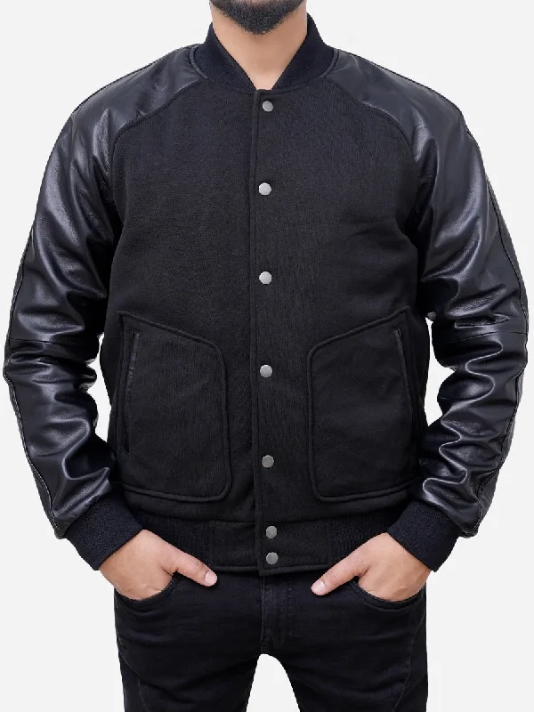 Wool Blended Leather Sleeves Men Black Varsity Jacket