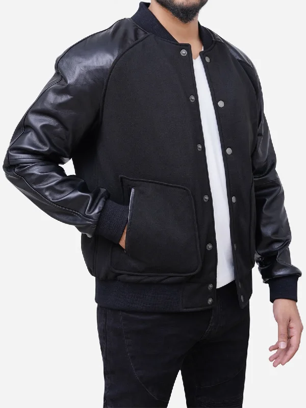 Wool Blended Leather Sleeves Men Black Varsity Jacket