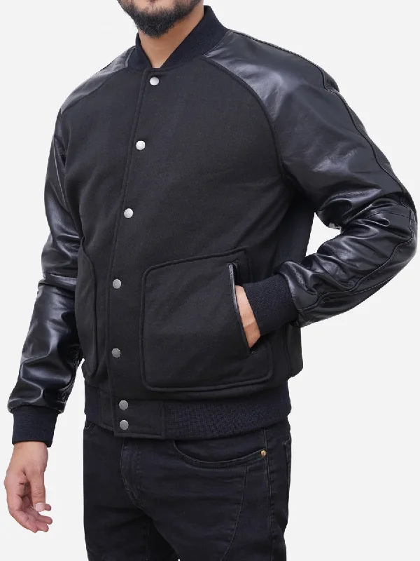 Wool Blended Leather Sleeves Men Black Varsity Jacket