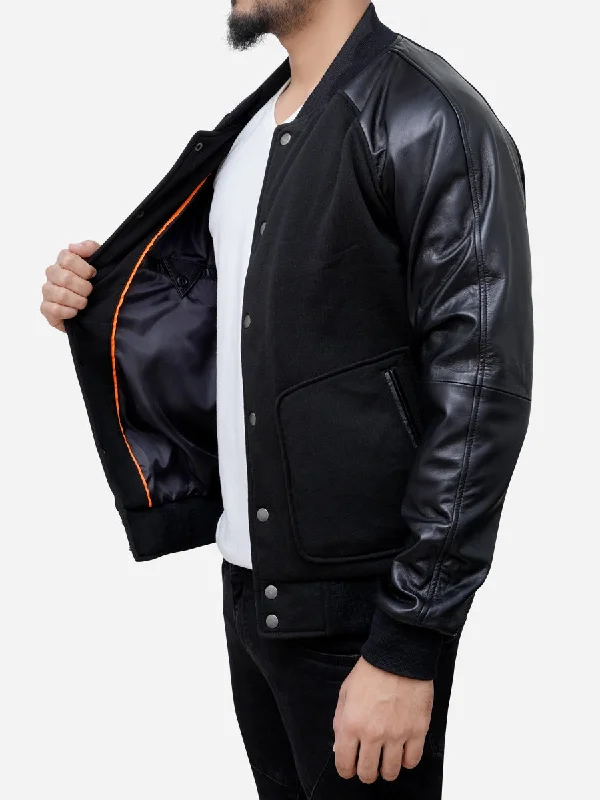 Wool Blended Leather Sleeves Men Black Varsity Jacket