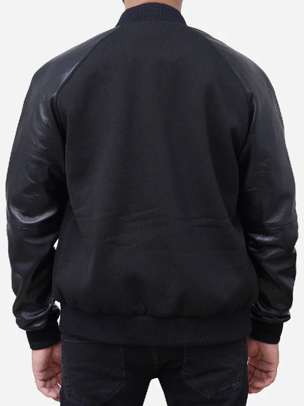 Wool Blended Leather Sleeves Men Black Varsity Jacket