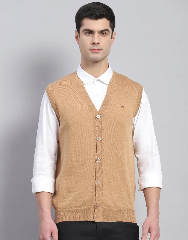 Men Beige Solid V Neck Sleeveless Cardigan