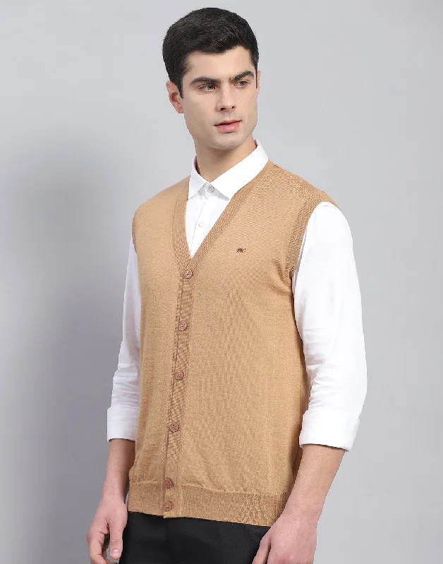 Men Beige Solid V Neck Sleeveless Cardigan