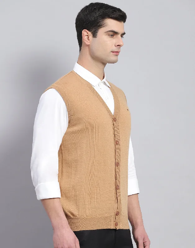 Men Beige Solid V Neck Sleeveless Cardigan