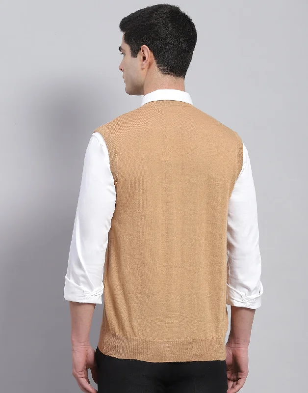 Men Beige Solid V Neck Sleeveless Cardigan