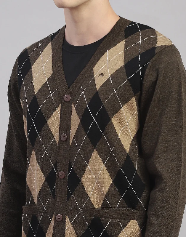 Men Brown Self Design V Neck Full Sleeve Cardigan