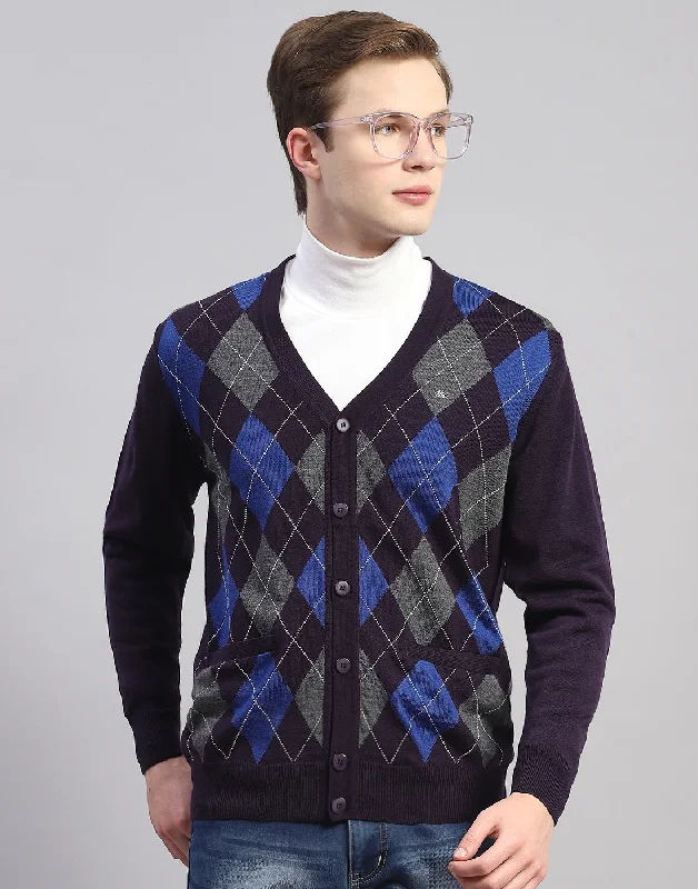 Men Navy Blue Self Design V Neck Full Sleeve Cardigan