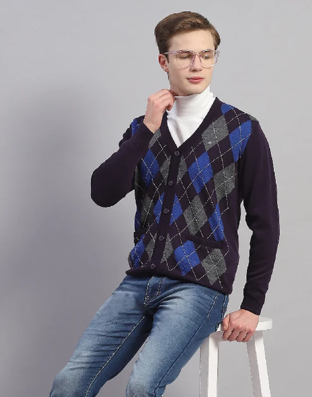 Men Navy Blue Self Design V Neck Full Sleeve Cardigan