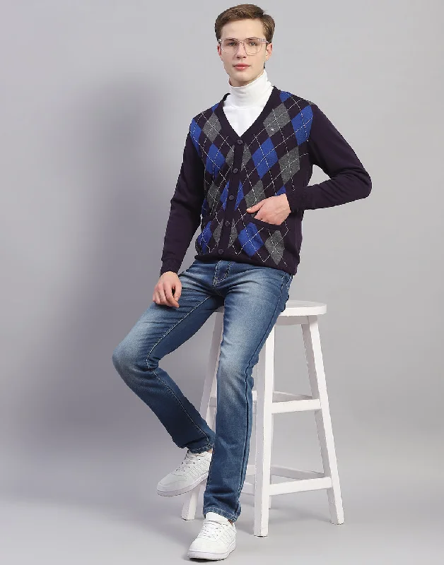 Men Navy Blue Self Design V Neck Full Sleeve Cardigan