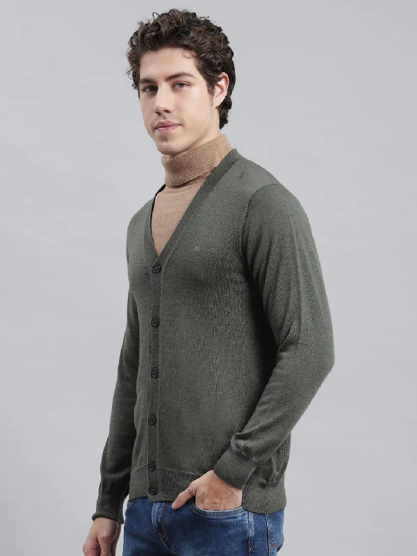 Men Olive Solid Cardigan