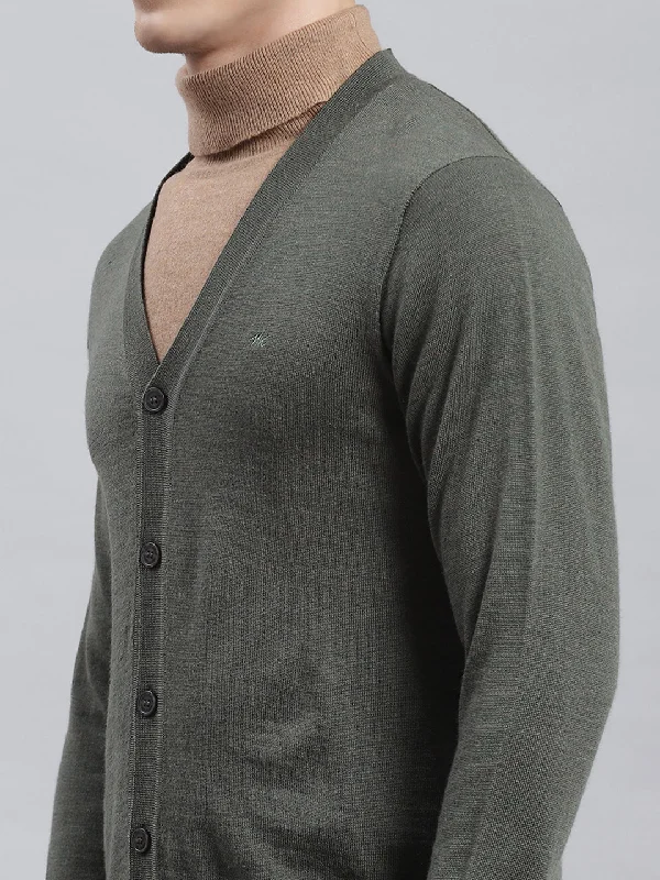 Men Olive Solid Cardigan