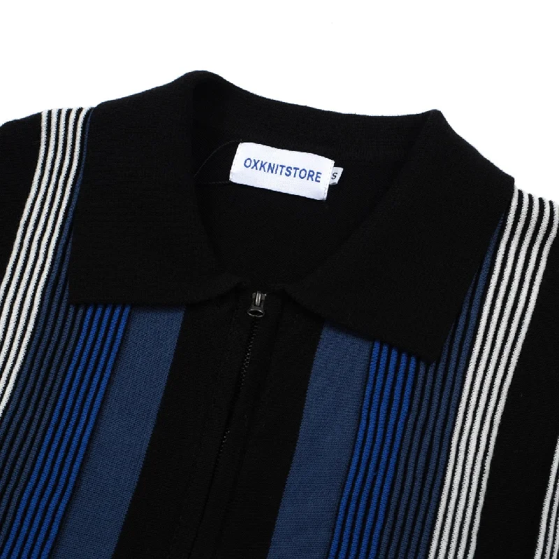 Men's Dark Blue Zip Knitted Polo Black & Gray Stripe Jacquard Panel