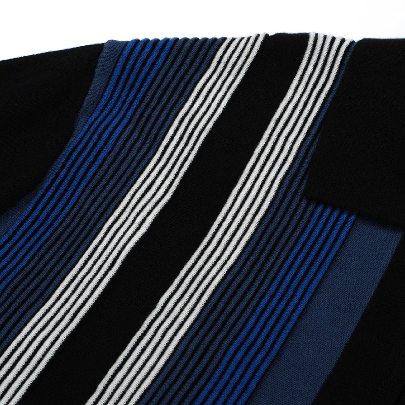 Men's Dark Blue Zip Knitted Polo Black & Gray Stripe Jacquard Panel