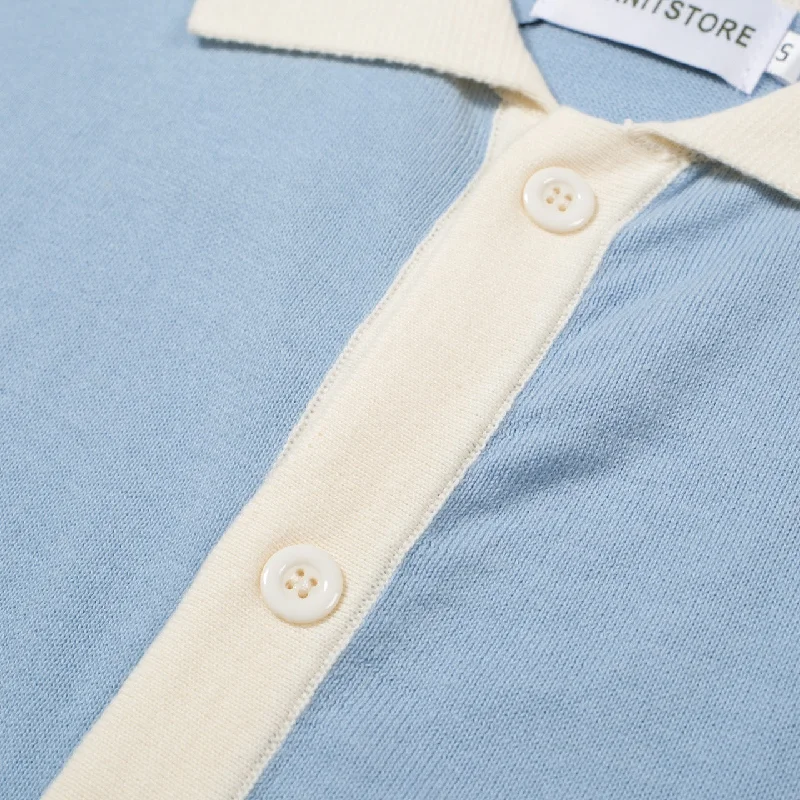 Men's Light Blue Knitted Polo With Off White Neck