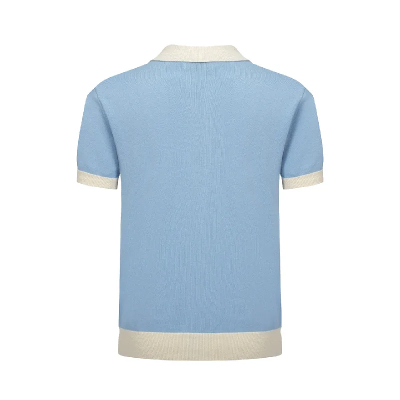 Men's Light Blue Knitted Polo With Off White Neck