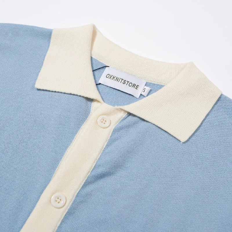 Men's Light Blue Knitted Polo With Off White Neck