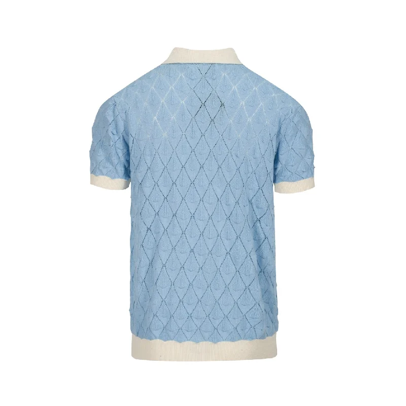 Men's Light Blue Textured Thin Breathable Polo Knitted Short-Sleeved Top