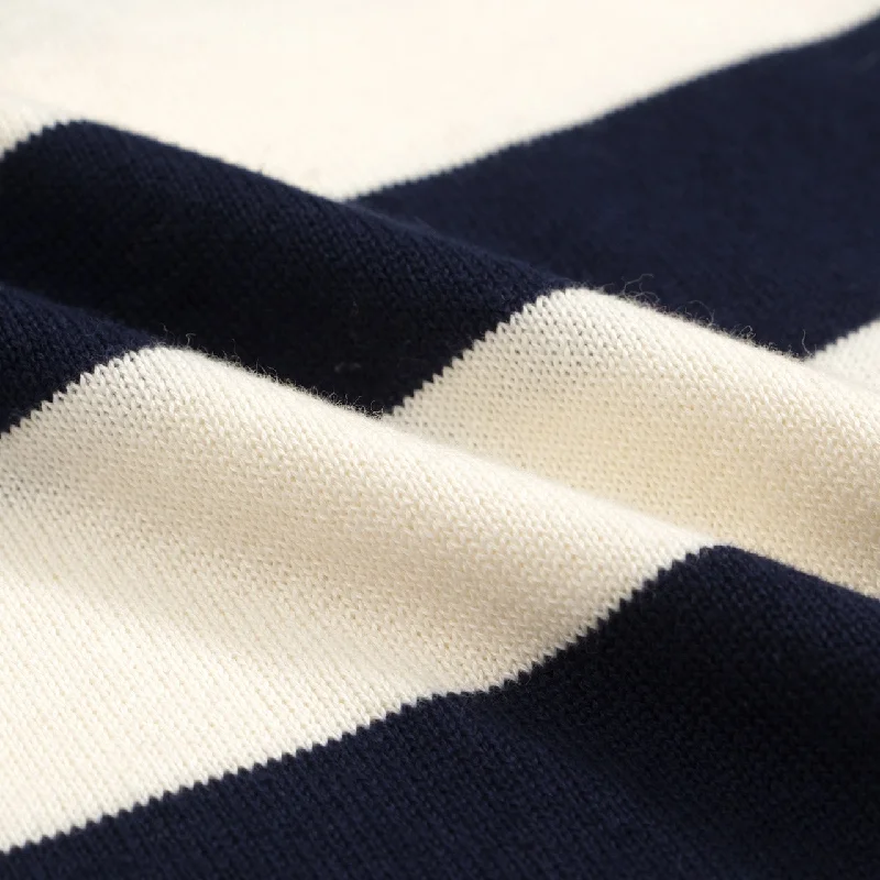 Men's Navy Blue and White Wide Striped V-Neck Knitted Short-Sleeved Cardigan